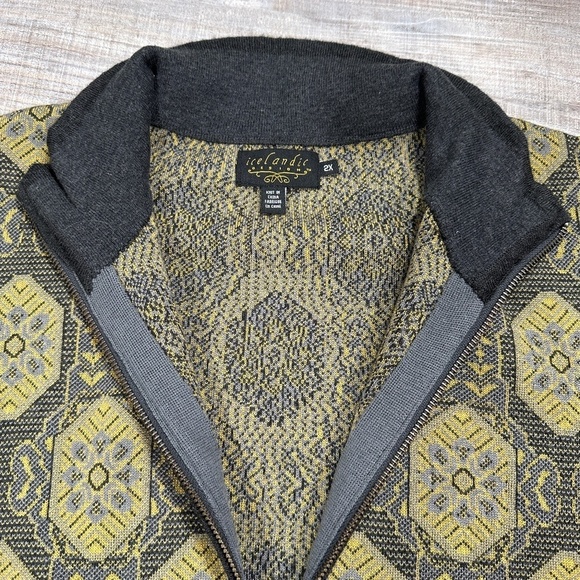 Icelandic Zip Yellow Gray Wool Blend Zip Pockets Women Knit Jacket Sweater Sz 2X - Picture 9 of 12